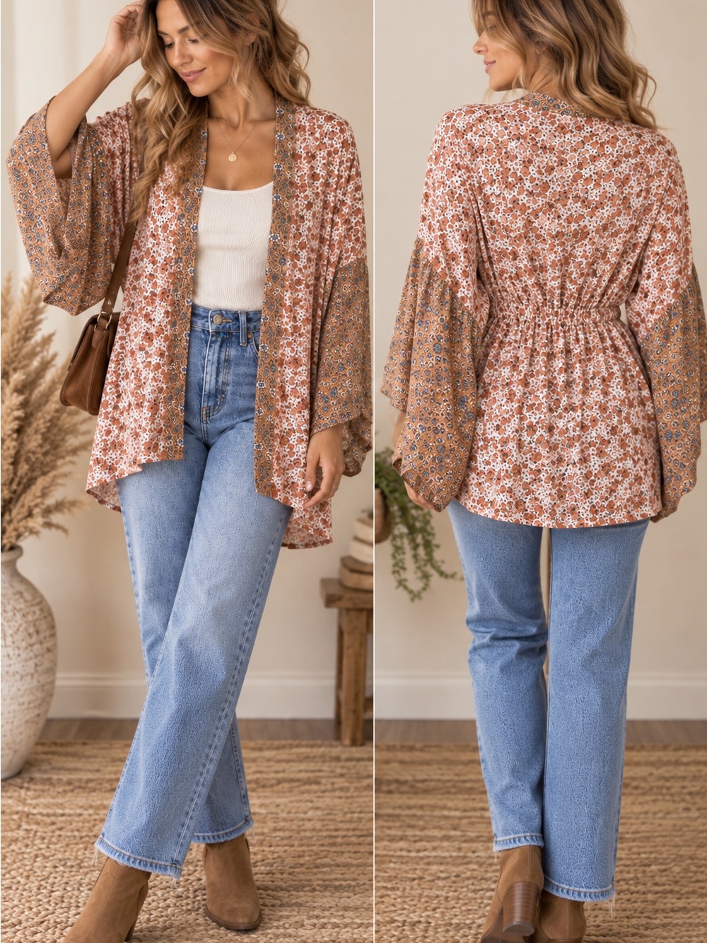 Sim & Sam Floral Kimono Cardigan Cinched Waist Boho Bell Sleeve Rayon